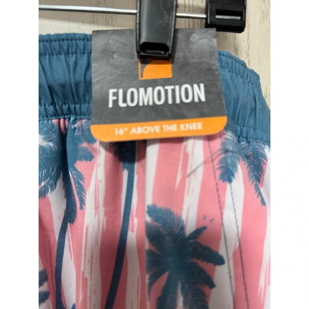 Flomotion Mens Swim Shorts Pink White Stripe Palm Tree Tropical Trunks XL 16